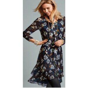 Cabi Blue Green Floral V-Neck Belted Floating Flowers Pirouette Dress M 3460